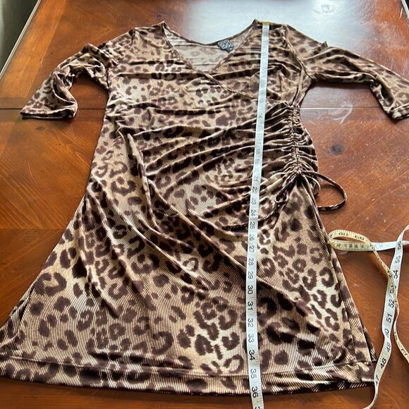 Clara Sun Woo Animal Print Slinky Knit Ruched Dress Woman Size Medium Faux Wrap - Picture 11 of 11